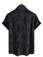 Men's Breathable Cotton Short-Sleeve Shirt with Pocket in Black Stripes