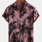 Pink Button-Up Short Sleeve Hawaiian Summer Shirt with Flowers