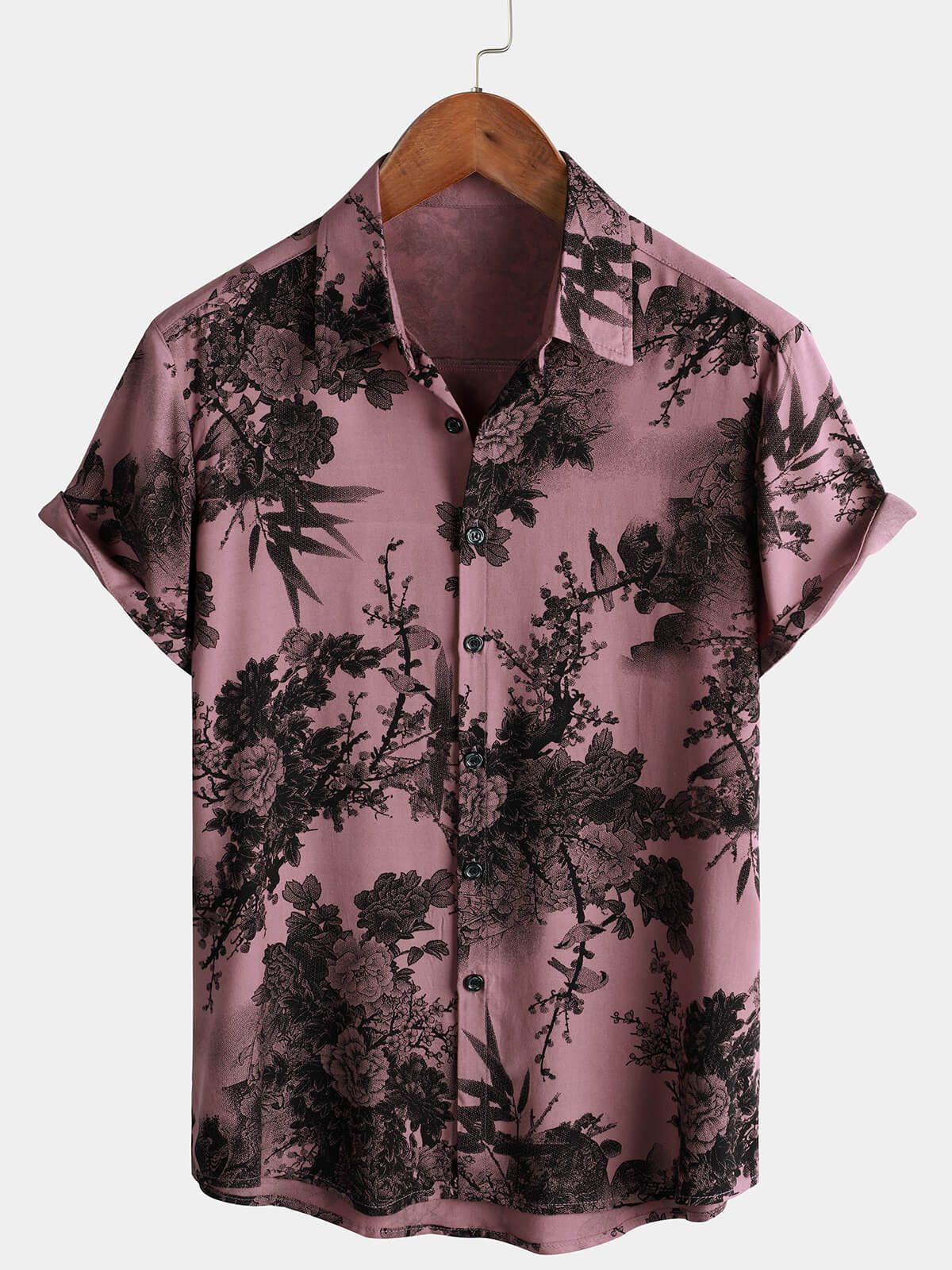 Pink Button-Up Short Sleeve Hawaiian Summer Shirt with Flowers