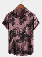 Pink Button-Up Short Sleeve Hawaiian Summer Shirt with Flowers