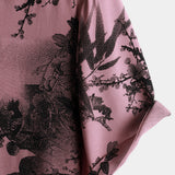 Pink Button-Up Short Sleeve Hawaiian Summer Shirt with Flowers