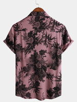 Pink Button-Up Short Sleeve Hawaiian Summer Shirt with Flowers