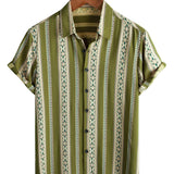 Retro Cotton Shirt with Buttons for Men with 70s Aztec Pattern in Green Stripes and Short Sleeves