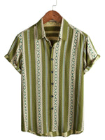 Retro Cotton Shirt with Buttons for Men with 70s Aztec Pattern in Green Stripes and Short Sleeves