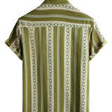 Retro Cotton Shirt with Buttons for Men with 70s Aztec Pattern in Green Stripes and Short Sleeves