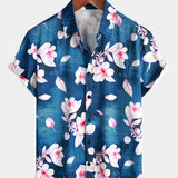 Summer Floral Print Button-Up Shirt, Casual Collar, Navy, Short-Sleeve
