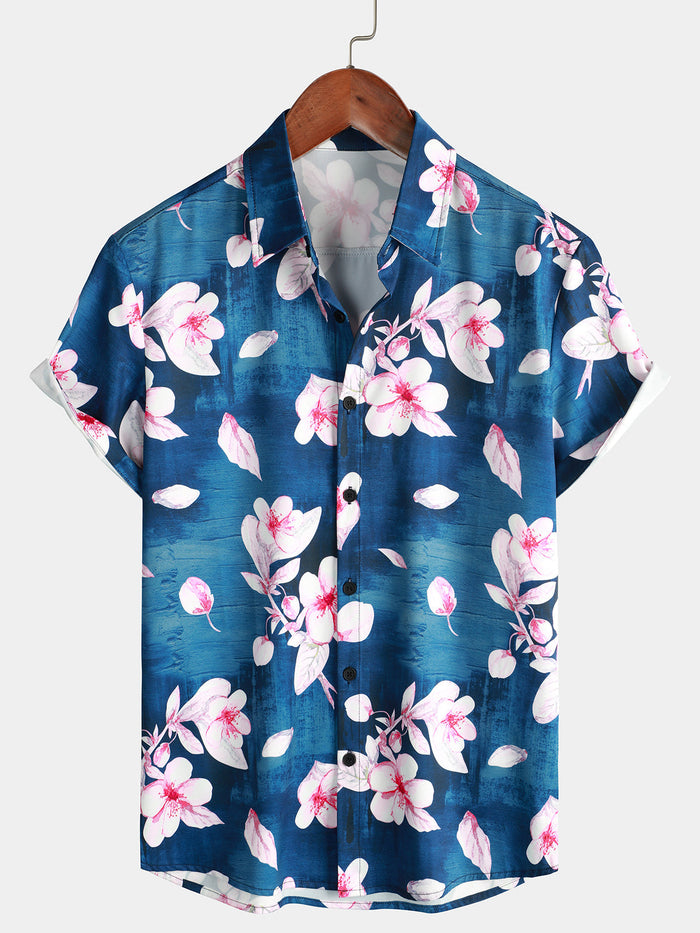Summer Floral Print Button-Up Shirt, Casual Collar, Navy, Short-Sleeve