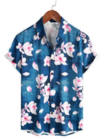Casual Shirt with Short Sleeves, Floral Pattern for Men, Buttons, Spread Collar, Navy, Summer