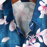 Summer Floral Print Button-Up Shirt, Casual Collar, Navy, Short-Sleeve