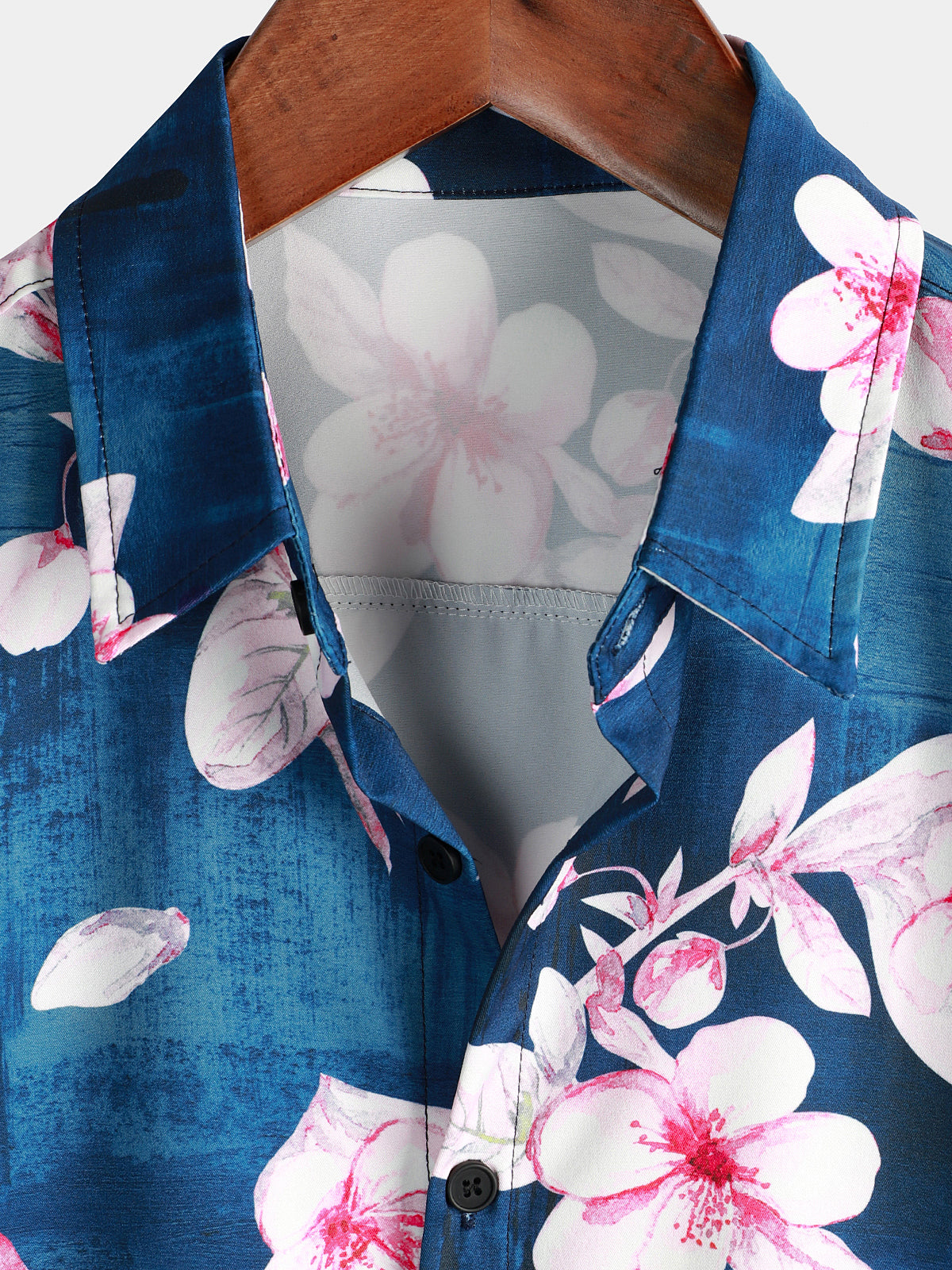 Summer Floral Print Button-Up Shirt, Casual Collar, Navy, Short-Sleeve