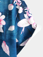 Summer Floral Print Button-Up Shirt, Casual Collar, Navy, Short-Sleeve