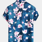 Summer Floral Print Button-Up Shirt, Casual Collar, Navy, Short-Sleeve