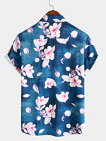 Summer Floral Print Button-Up Shirt, Casual Collar, Navy, Short-Sleeve