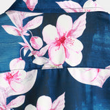 Summer Floral Print Button-Up Shirt, Casual Collar, Navy, Short-Sleeve