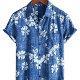 Men's Hawaiian-Style Cotton Short-Sleeve Shirt with Blue Floral Print and Buttons