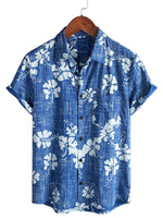 Men's Hawaiian-Style Cotton Short-Sleeve Shirt with Blue Floral Print and Buttons