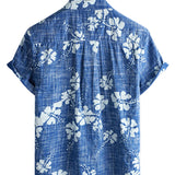 Men's Hawaiian-Style Cotton Short-Sleeve Shirt with Blue Floral Print and Buttons