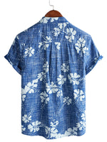 Men's Hawaiian-Style Cotton Short-Sleeve Shirt with Blue Floral Print and Buttons