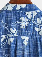Men's Hawaiian-Style Cotton Short-Sleeve Shirt with Blue Floral Print and Buttons