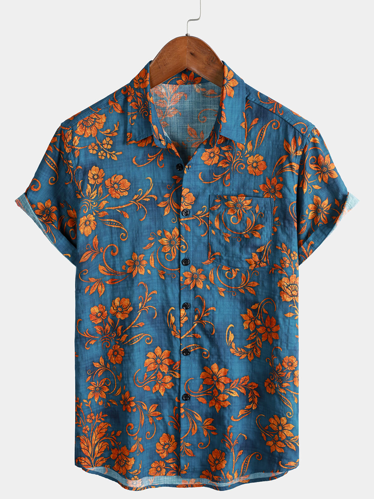 Bohemian Blue Floral Print Short Sleeve Shirt