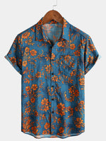 Bohemian Blue Floral Print Short Sleeve Shirt