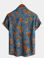 Bohemian Blue Floral Print Short Sleeve Shirt