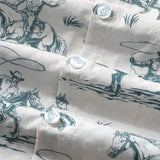 Short-Sleeve Horse Print, Cowboy, Button-Up, Vacation Shirt