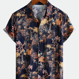 Short-Sleeve Vintage Floral Motif Summer Vacation Shirt