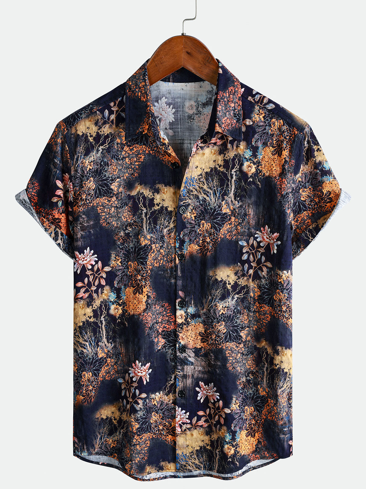 Short-Sleeve Vintage Floral Motif Summer Vacation Shirt