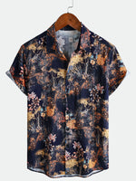 Short-Sleeve Vintage Floral Motif Summer Vacation Shirt