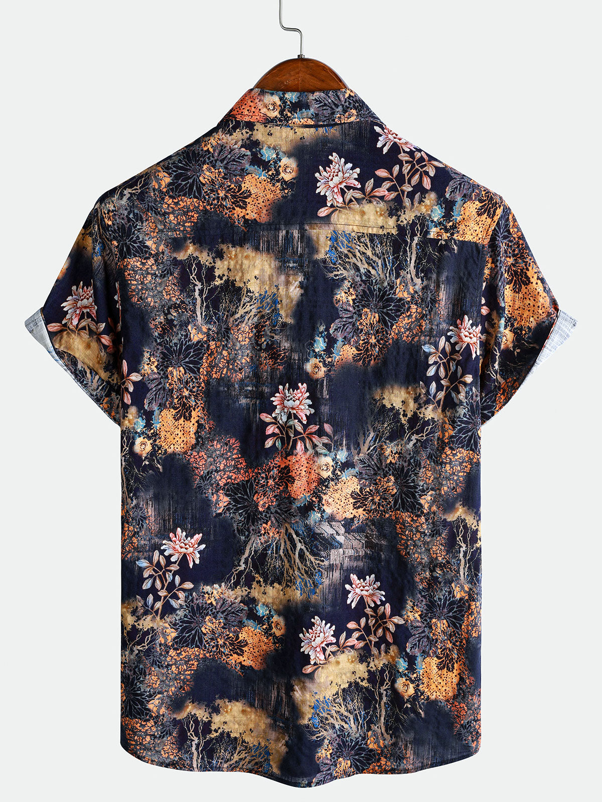 Short-Sleeve Vintage Floral Motif Summer Vacation Shirt