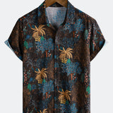Bohemian Resort Brown Tropical Tree Print Short Sleeve Shirt