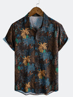 Bohemian Resort Brown Tropical Tree Print Short Sleeve Shirt