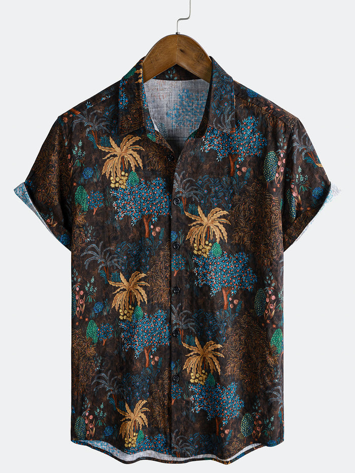 Bohemian Resort Brown Tropical Tree Print Short Sleeve Shirt