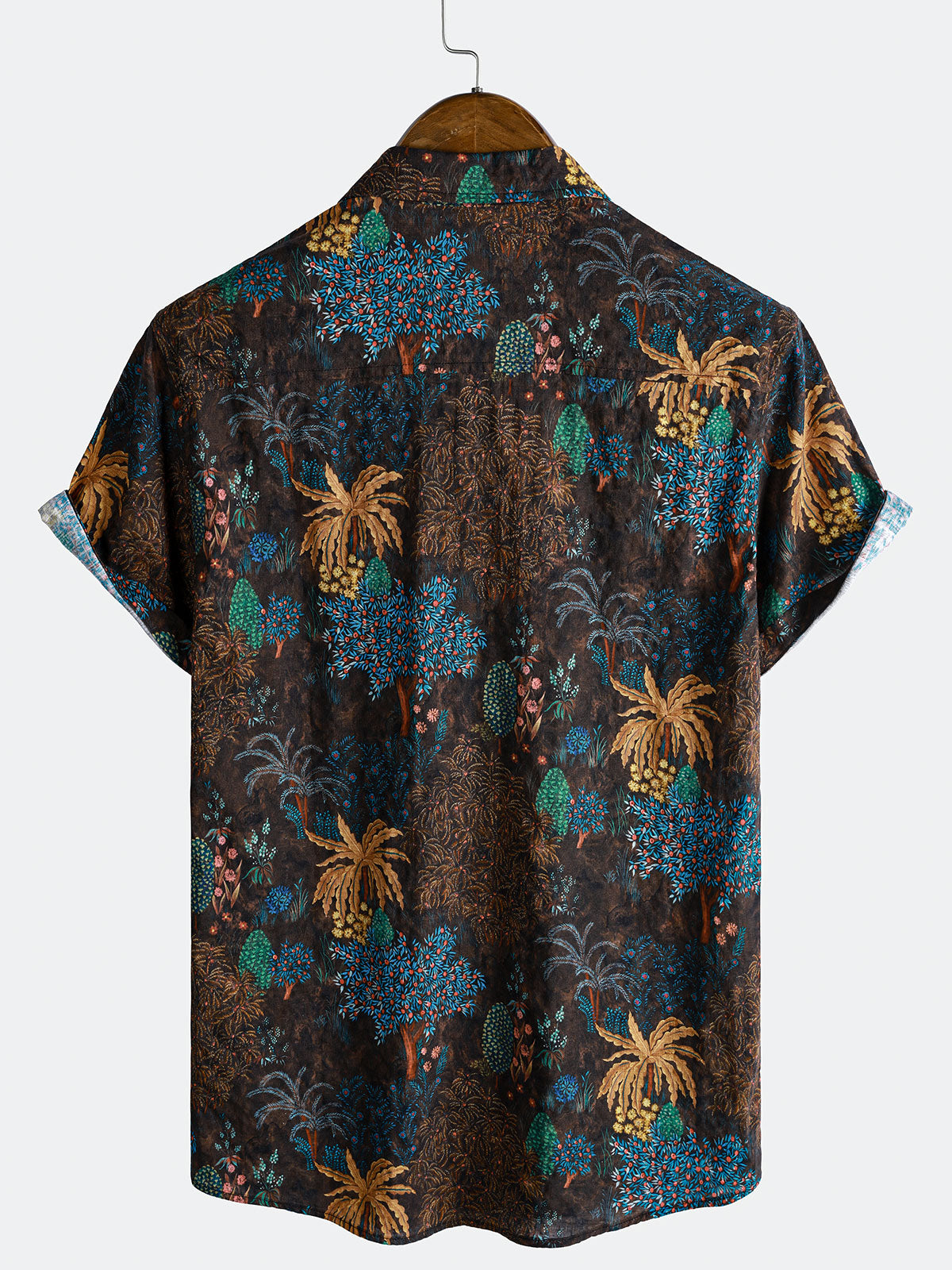 Bohemian Resort Brown Tropical Tree Print Short Sleeve Shirt