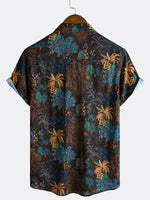 Bohemian Resort Brown Tropical Tree Print Short Sleeve Shirt