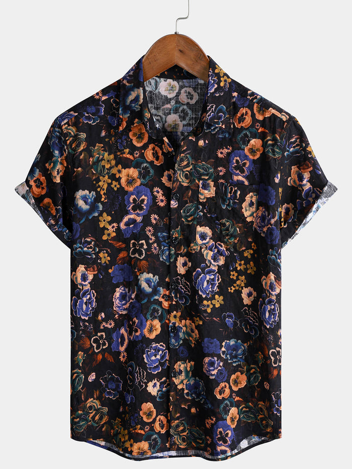 Short-Sleeve Vintage Floral Print Bohemian Style Shirt