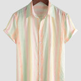 Casual Button-Up Short Sleeve Shirt, Retro Style, Striped and Colorful, Perfect for Parties