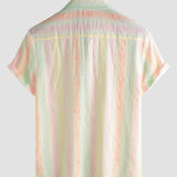 Casual Button-Up Short Sleeve Shirt, Retro Style, Striped and Colorful, Perfect for Parties