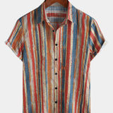 Button-Up Short Sleeve Shirt, Casual, Retro Style, Striped, Multicolor, Vacation