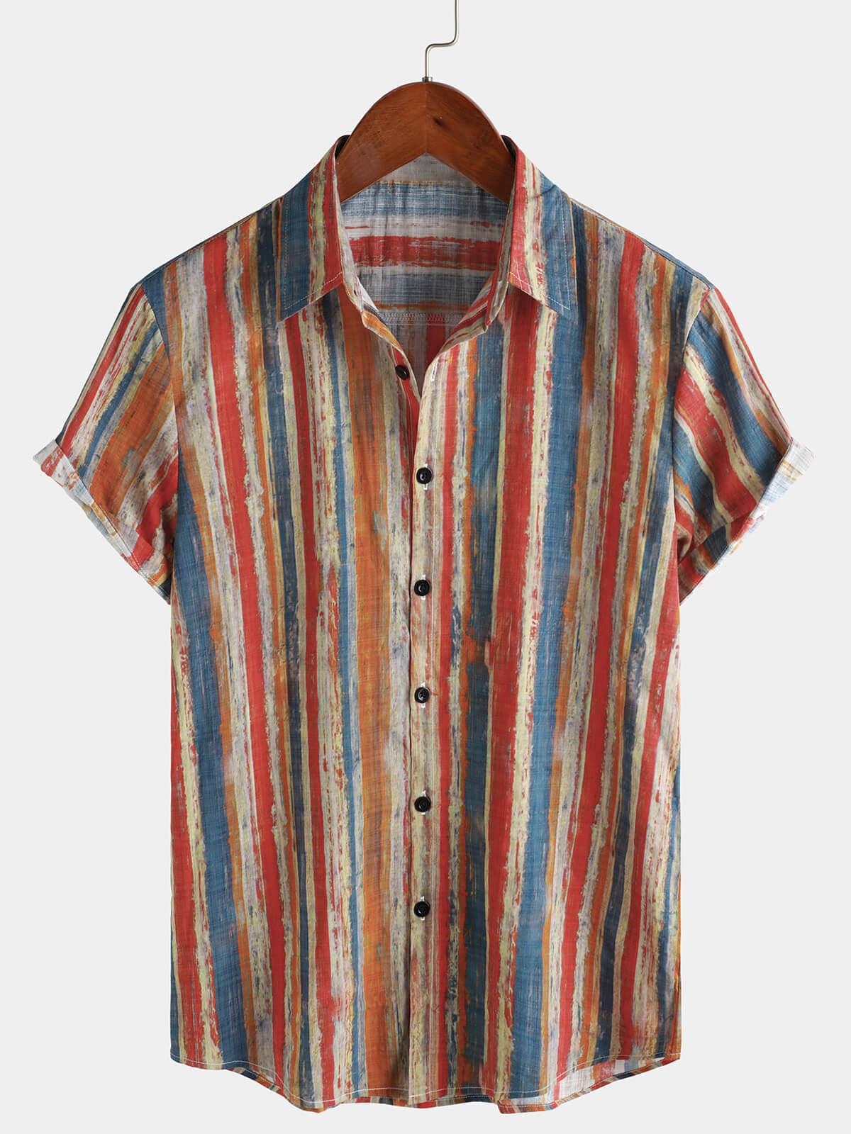 Button-Up Short Sleeve Shirt, Casual, Retro Style, Striped, Multicolor, Vacation