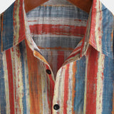 Button-Up Short Sleeve Shirt, Casual, Retro Style, Striped, Multicolor, Vacation