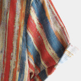 Button-Up Short Sleeve Shirt, Casual, Retro Style, Striped, Multicolor, Vacation