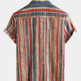 Button-Up Short Sleeve Shirt, Casual, Retro Style, Striped, Multicolor, Vacation