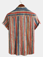 Button-Up Short Sleeve Shirt, Casual, Retro Style, Striped, Multicolor, Vacation