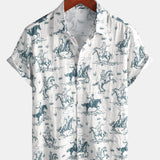Short-Sleeve Horse Print, Cowboy, Button-Up, Vacation Shirt