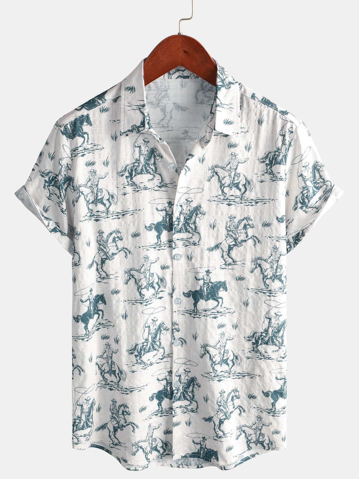 Short-Sleeve Horse Print, Cowboy, Button-Up, Vacation Shirt