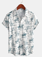 Short-Sleeve Horse Print, Cowboy, Button-Up, Vacation Shirt