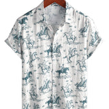 Men's Cotton Shirt with Horse Pattern, With Buttons, Short Sleeves for Vacation