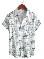 Men's Cotton Shirt with Horse Pattern, With Buttons, Short Sleeves for Vacation